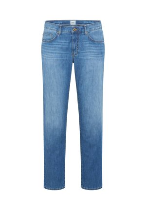 Lichtblauwe slim-fit jeans met voorzakken, riemlussen, knoopsluiting en subtiele vervaging op dijen en knieën.