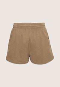 Barna fleece rövidnadrág rugalmas derékkal, oldalsó zsebekkel és laza fazonnal. Puha tapintású, lekerekített szegéllyel a lábnyílásoknál.