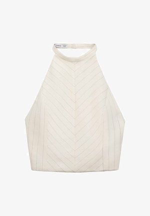 Cremfarbener Haltertop mit Chevron-Muster, ausgestattet mit hohem Kragen und glattem, geschmeidigem Stoff. Keine sichtbaren Beschläge oder Akzente.