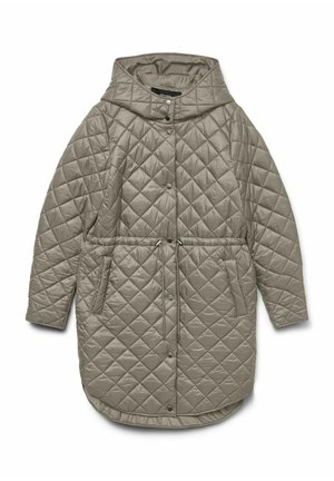 Prošívaný dlouhý kabát světle hnědé barvy s kapucí. Obsahuje postranní kapsy, druky a stahovací pas. Hladká, lesklá textilie.