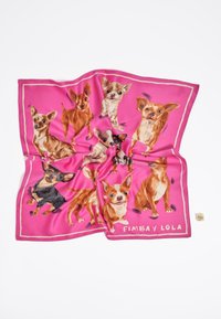 Square silk scarf in vibrant pink featuring illustrated Chihuahuas in various poses, with a cream border and "BIMBA Y LOLA" logo.