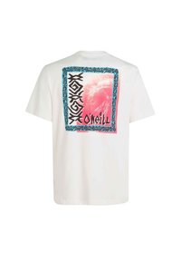 White cotton t-shirt featuring a colorful graphic on the back, including pink and blue patterns and bold black text within a rectangular border.