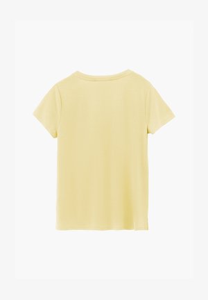 T-shirt uni en coton jaune clair à manches courtes, vu de dos, avec un col rond sur fond blanc.