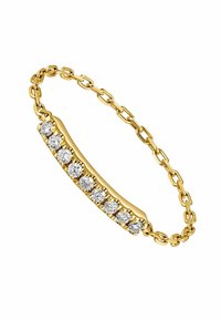 Pulsera de oro con un centro ovalado que presenta ocho piedras preciosas claras redondas engastadas en una configuración de garras, unidas por una cadena de eslabones.