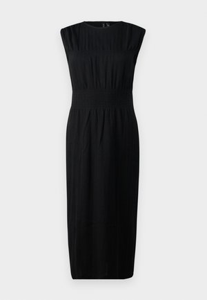 Black sleeveless dress with a fitted bodice, smocked waist, and a straight skirt. Made from a soft, textured fabric.
