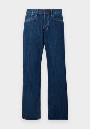 Tumši zili džinsi, taisnas kājas dizains, vidēji augsta vidukļa līnija, klasiskā piecu kabatu stila, ar nelielu izbalējumu, ar metāla pogu aizdari.