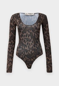Bodysuit s dugim rukavima s smeđe i crne apstraktne zmije i životinjski uzorak, okrugli izrez, i Fiorucci Milano oznaka unutar ovratnika.