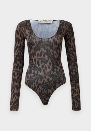 Long-sleeve bodysuit with brown and black abstract snake and animal print, scoop neckline, and Fiorucci Milano label inside collar.