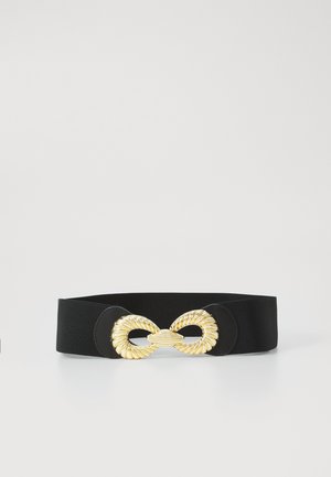 Black elastic belt with a gold-tone metal buckle featuring an intertwined design. Smooth texture with a wide shape, suitable for various outfits.