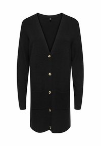 Cardigan long noir en tissu maille texturé, doté d'un profond col en V, de cinq boutons dorés et de deux poches frontales.