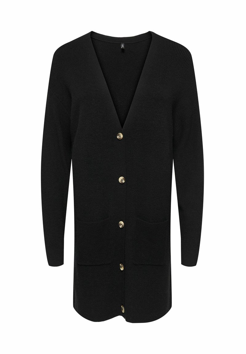 Cardigan long noir en tissu maille texturé, doté d'un profond col en V, de cinq boutons dorés et de deux poches frontales.