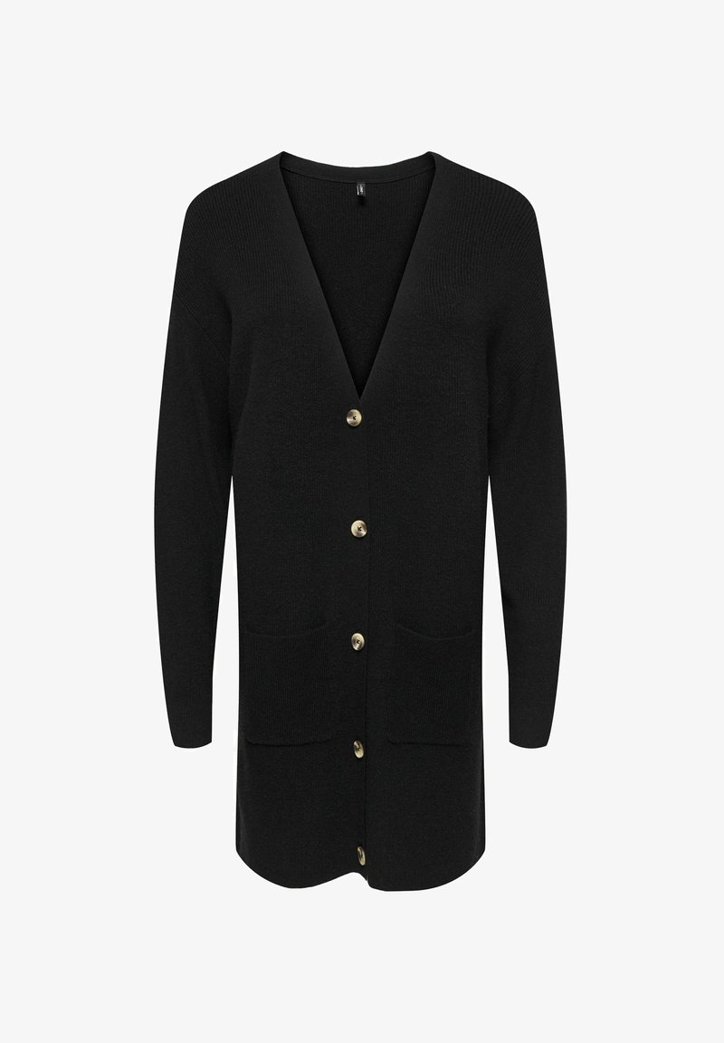 Cardigan long noir en tissu maille texturé, doté d'un profond col en V, de cinq boutons dorés et de deux poches frontales.