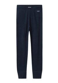Marineblauwe lange leggings van katoenmix met elastische tailleband en klein "P.O.P" logo patch nabij de bovenste rechterkant.