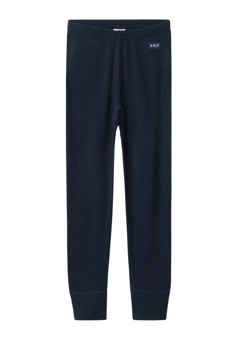 Marineblauwe lange leggings van katoenmix met elastische tailleband en klein "P.O.P" logo patch nabij de bovenste rechterkant.