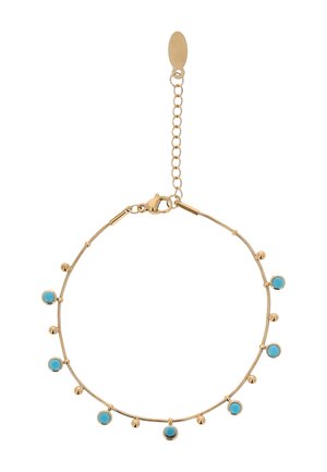 Bracelet chaîne en or avec de petites pierres turquoises rondes régulièrement espacées et un fermoir mousqueton avec chaînette d'extension réglable.