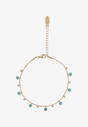 Bracciale a catena in oro con piccole pietre turchesi rotonde uniformemente distanziate e chiusura a moschettone con catena estensibile regolabile.