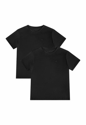 To ensfarvede sorte korte ærmede t-shirts med rund hals lagt fladt og overlappende på hvid baggrund.
