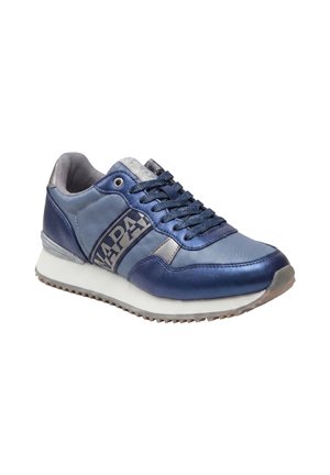 Blue and gray sneaker with lace-up design, branded side panel, white midsole, and textured beige outsole for grip.