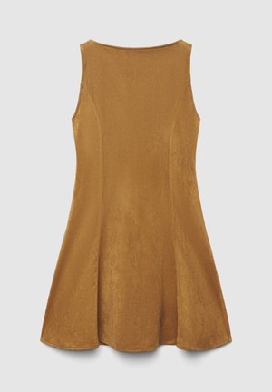 Abito marrone senza maniche con gonna svasata. Tessuto morbido e strutturato con scollo a U. Senza chiusure o ornamenti visibili.