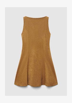 Abito marrone senza maniche con gonna svasata. Tessuto morbido e strutturato con scollo a U. Senza chiusure o ornamenti visibili.