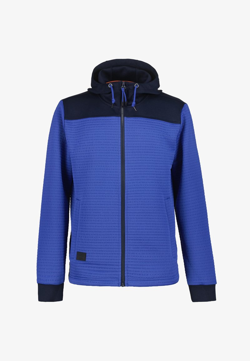 Felpa blu con zip realizzata in tessuto testurizzato, con parte superiore blu navy, cappuccio regolabile e tasche frontali. Presenta dettagli in arancione a contrasto.