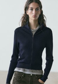 Navy ribbed zip-up sweater with a stand collar, layered over a gray shirt, worn with dark green pants. Features long sleeves and a fitted design.