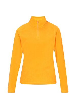 Oranje fleece pullover met een ritskraag, lange mouwen en een gladde textuur. Heeft een getailleerd ontwerp en platte naden.