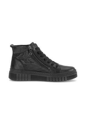 Black leather high-top sneaker with side zipper, black laces, padded ankle collar, and textured rubber sole.