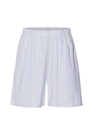 Witte katoenen shorts met een elastische tailleband, voorzien van subtiele verticale strepen in lichtblauw en groen. Lichtgewicht en losvallend ontwerp.