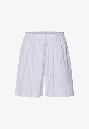 Weiße Baumwollshorts mit einem elastischen Bund, die dezente vertikale Streifen in Hellblau und Grün aufweisen. Leicht und locker sitzendes Design.