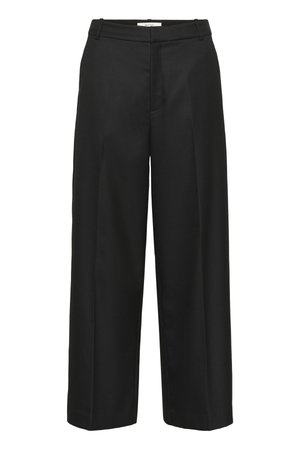 Black wide-leg trousers with a smooth texture, featuring a flat front, belt loops, and no visible embellishments. Tailored for a loose fit.