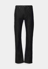Blugii din denim negru cu o croială dreaptă, design cu cinci buzunare și închidere cu nasture; prezintă o textură subtilă și detalii de cusătură minime.