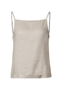 Camisola di lino beige chiaro con spalline sottili, taglio dritto e texture liscia. Design semplice senza motivi o decorazioni.