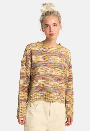 Maglione lavorato a maglia con una vestibilità ampia, caratterizzato da un motivo multicolore in tonalità di giallo, viola e blu; polsini e orlo a costine.