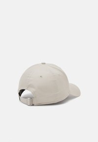 Gorra de béisbol beige con visera curva, detalles bordados y una correa ajustable en la parte posterior. La tela es lisa con un acabado mate.