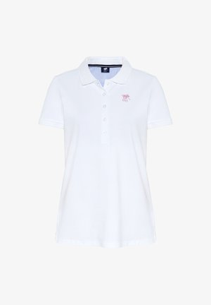 White polo shirt made of cotton, featuring a button-up collar, short sleeves, and a pink embroidered logo on the left chest.