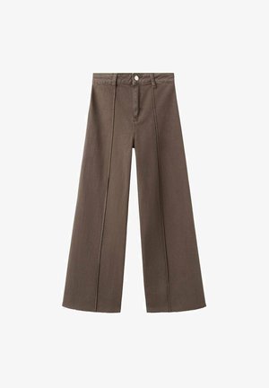 Pantalon en denim marron à jambes larges, taille haute, plis avant et ourlet brut. Confectionné en coton robuste.