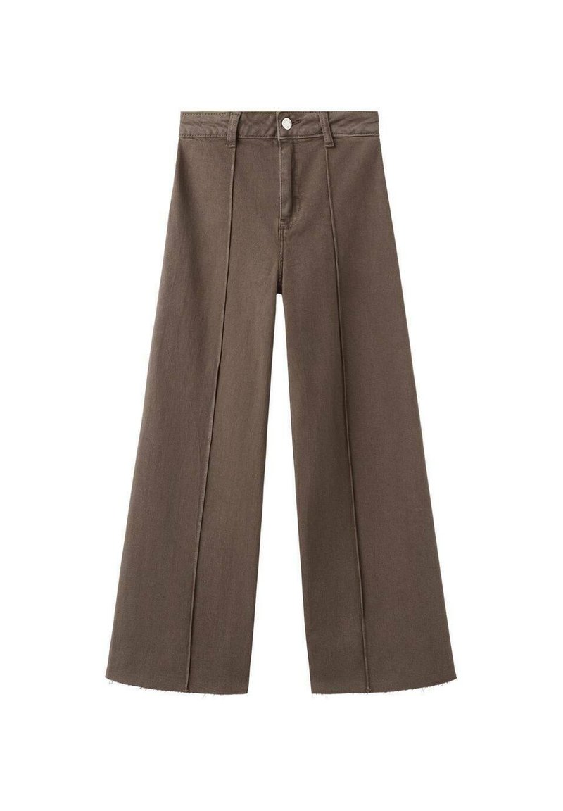 Pantaloni maro din denim cu croială largă, talie înaltă, pliuri frontale și detaliu cu tiv nefinisat. Confecționați dintr-un material dur din bumbac.