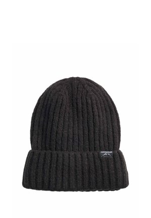 Bonnet en tricot côtelé noir avec revers plié, doté d’une petite étiquette rectangulaire de la marque Swedemount à l’avant.