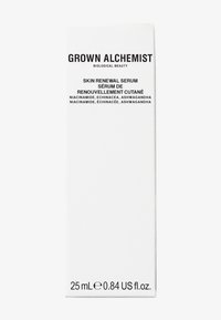 White rectangular box for Grown Alchemist Skin Renewal Serum. Black text displays product name and ingredients. Size: 25 mL, 0.84 US fl. oz.