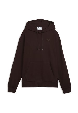 Ciemnobrązowa bluza z kapturem z kieszenią typu kangur, regulowanymi sznurkami, prążkowanymi mankietami i małym logo Puma na piersi.