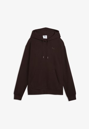 Ciemnobrązowa bluza z kapturem z kieszenią typu kangur, regulowanymi sznurkami, prążkowanymi mankietami i małym logo Puma na piersi.