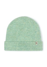 Light green knit beanie featuring vertical ribbing, folded cuff, and a small label on the side. Soft texture and warm design.