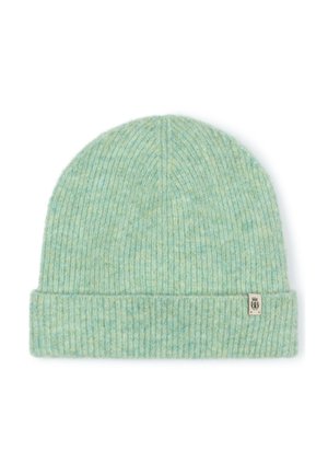Light green knit beanie featuring vertical ribbing, folded cuff, and a small label on the side. Soft texture and warm design.