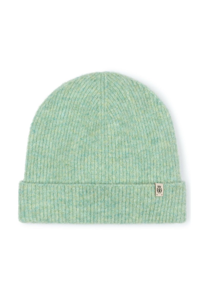 Light green knit beanie featuring vertical ribbing, folded cuff, and a small label on the side. Soft texture and warm design.