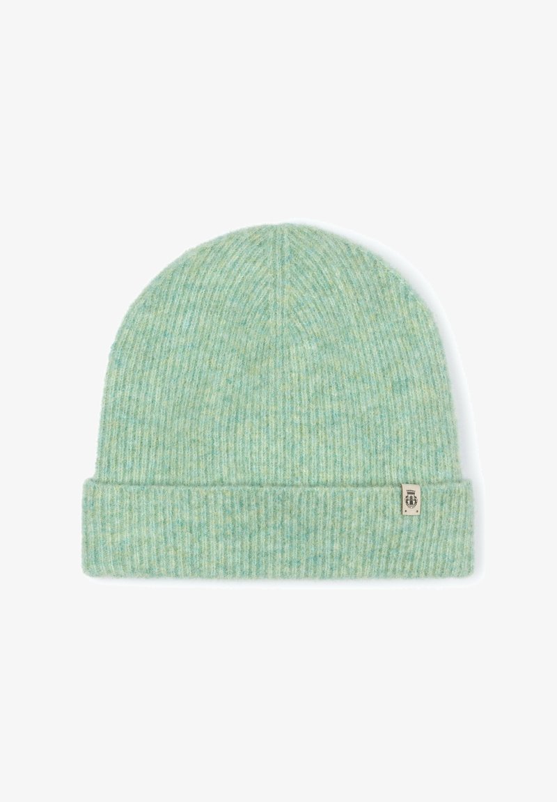 Light green knit beanie featuring vertical ribbing, folded cuff, and a small label on the side. Soft texture and warm design.