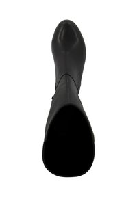 Black knee-high boot made of smooth leather with a pointed toe and seamless upper. Interior is unlined, showing a spacious opening.