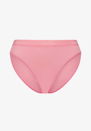 Rose pink women's brief made from smooth fabric, featuring a wide elastic waistband with "BeeDees" logo and seamless edges for comfort.