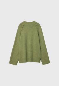 Olivgrüner Strickpullover mit langen Ärmeln sowie gerippten Bündchen, Saum und Ausschnitt, flach auf einem weißen Hintergrund präsentiert.