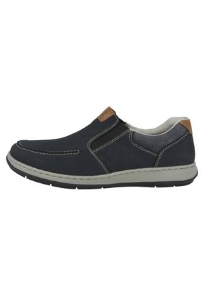 Navy blue slip-on shoe with leather accents and elastic side panels. Features white stitching and a textured rubber sole.